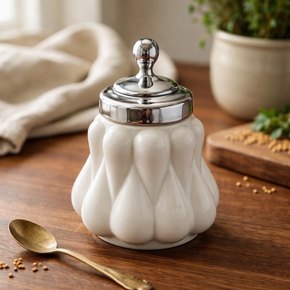 Vintage Fenton Teardrop Milk Glass Mustard Jar with Silver Lid (no spoon)